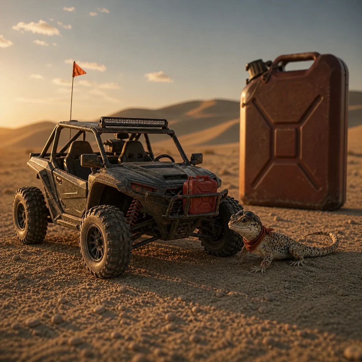 Natural-sized Fringe beside a full-size flagged UTV and reserve fuel cans