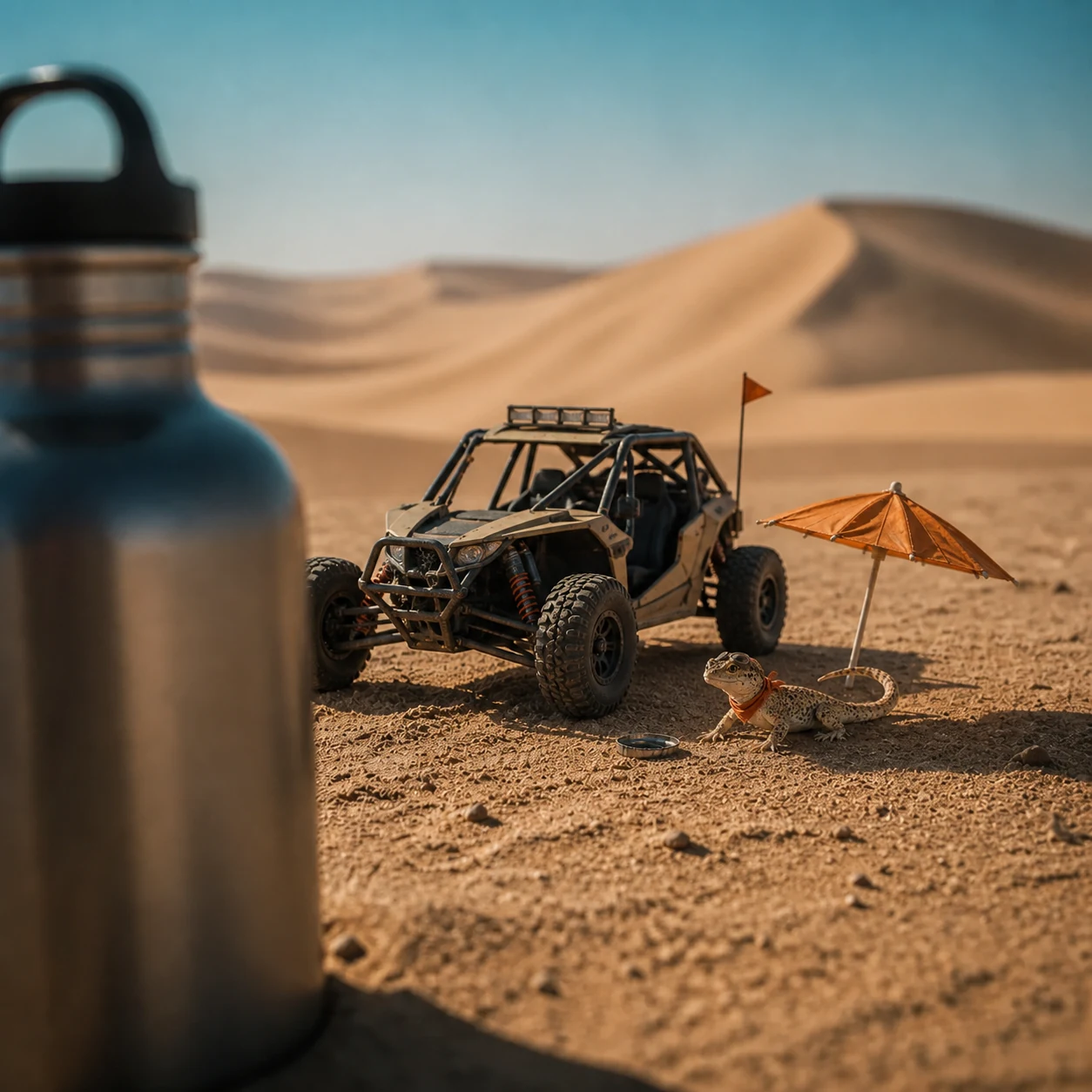 Natural-sized Fringe resting in shade beside water and a full-size flagged UTV