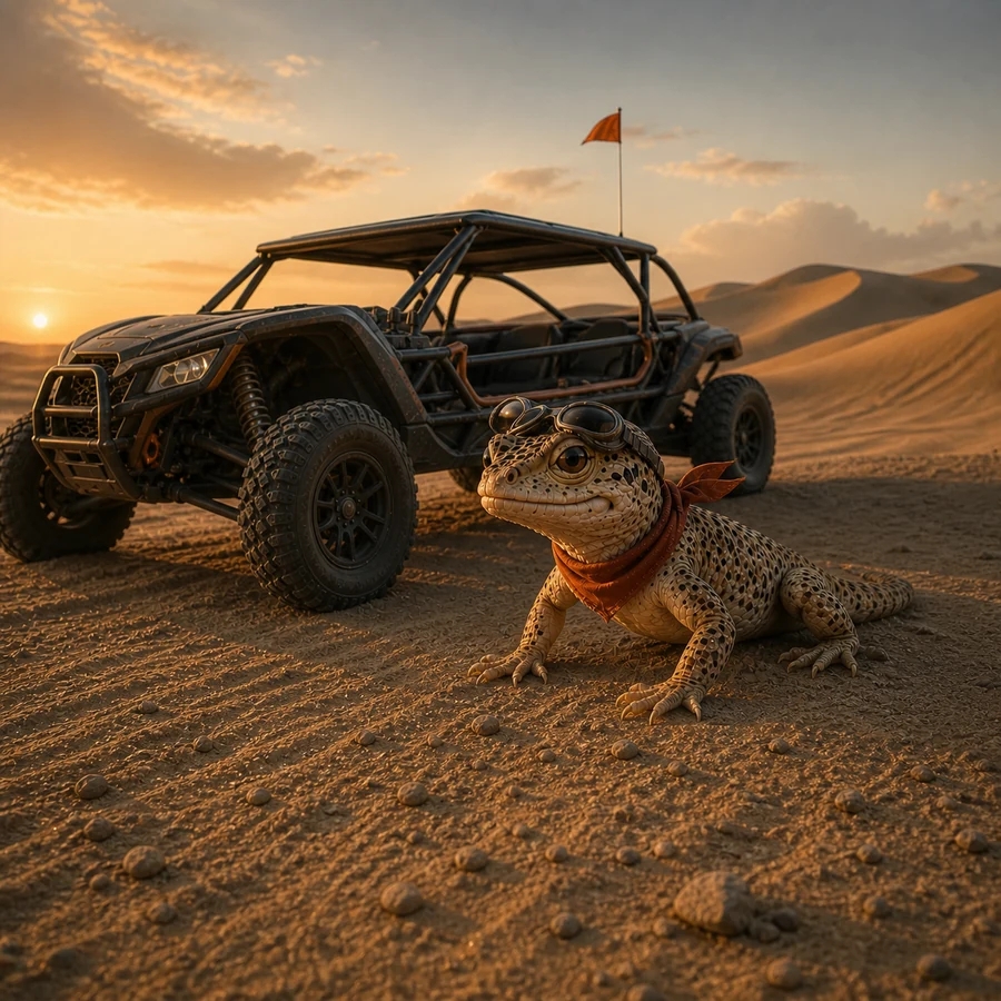 A natural-sized Fringe beside a full-size flagged UTV in the Imperial Sand Dunes