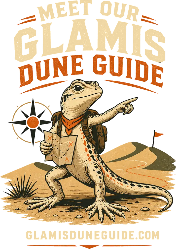 Fringe, the illustrated Glamis Dune Guide, holding a map and pointing across the dunes