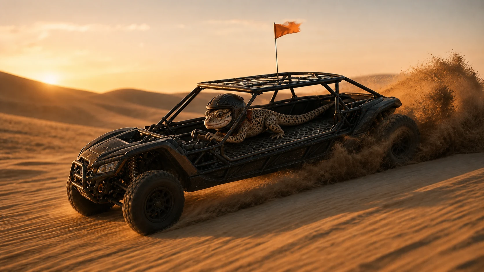 Helmeted Fringe driving inside a flagged custom UTV much larger than his complete natural body