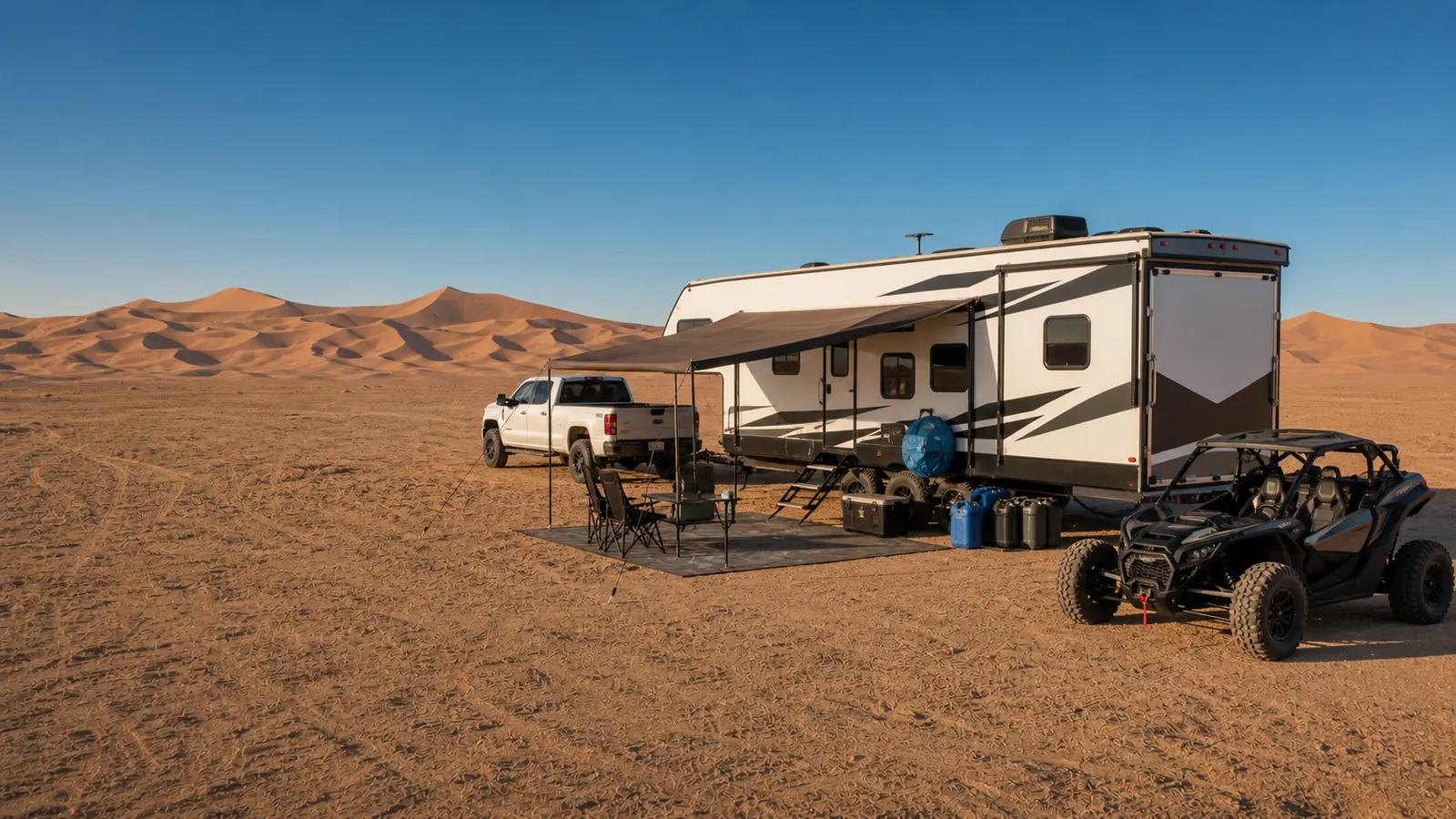 A self-contained Glamis camp with a toy hauler, tow vehicle, side-by-side, shade, water and waste gear