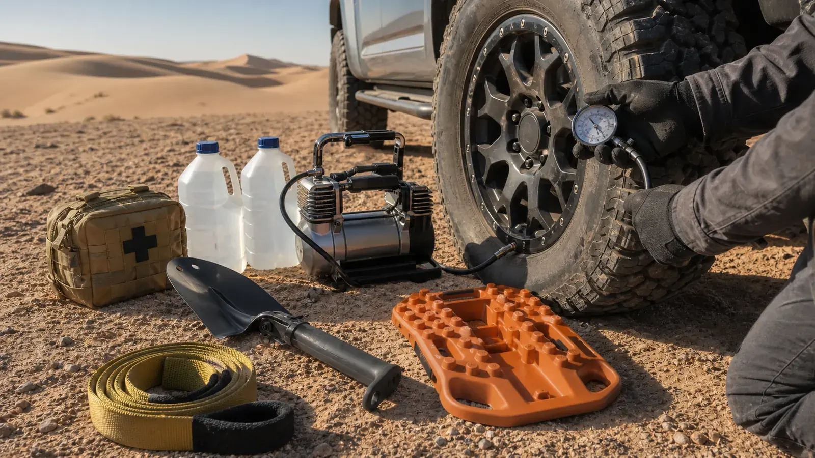 A rider airing down a pickup tire with a gauge beside recovery gear