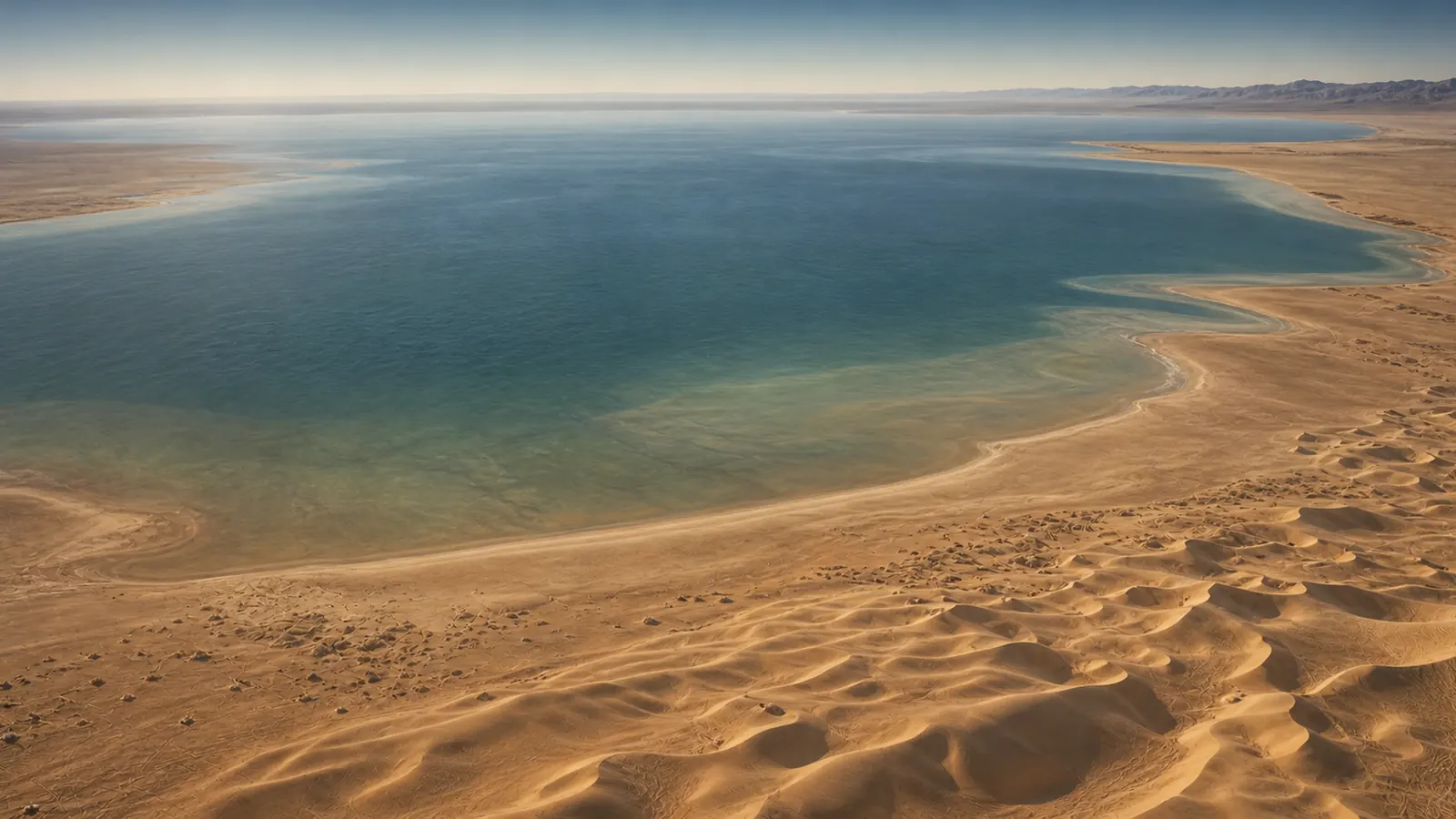 Conceptual aerial reconstruction of ancient Lake Cahuilla beside the developing dune field