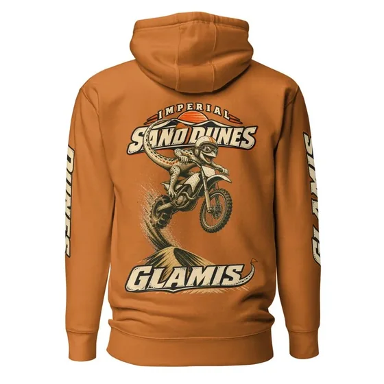Orange hoodie with the Glamis dirt bike back print