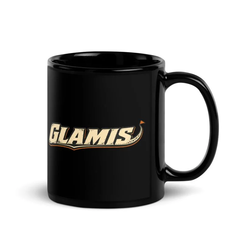 Black mug with the cream and orange Glamis wordmark
