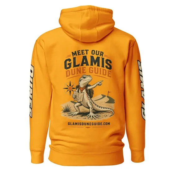Gold hoodie with the Meet Our Glamis Dune Guide back print of Fringe