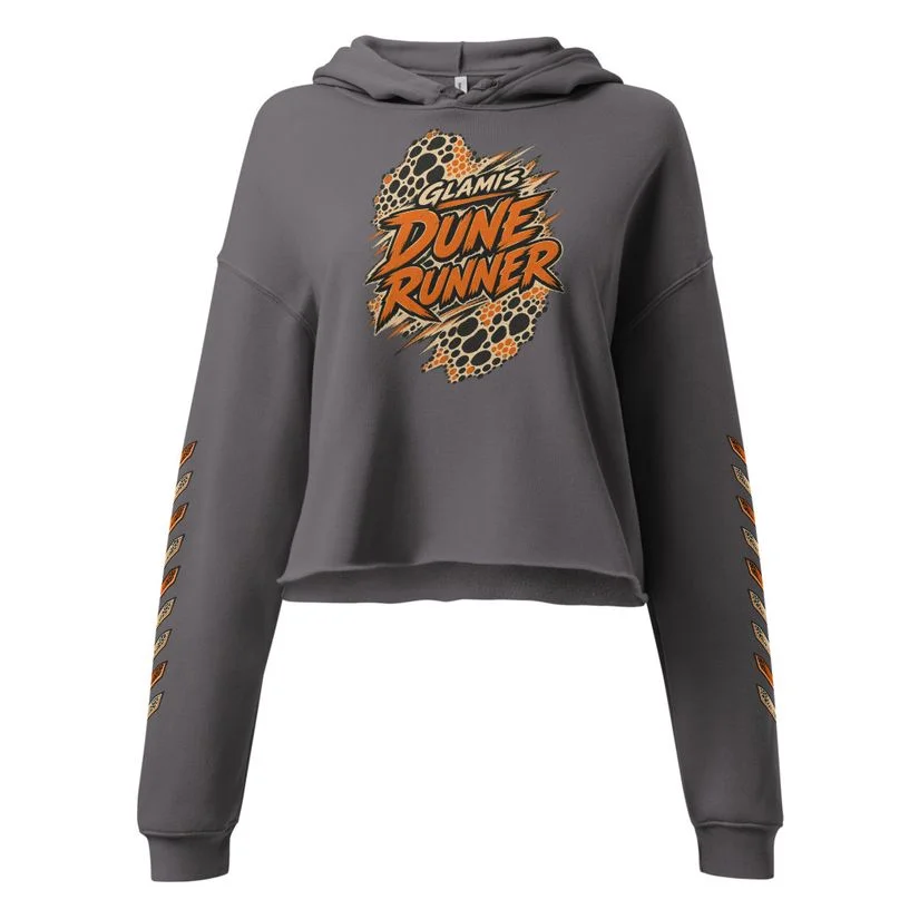 Peach crop hoodie with the Glamis Dune Runner front graphic and spotted sleeve chevrons