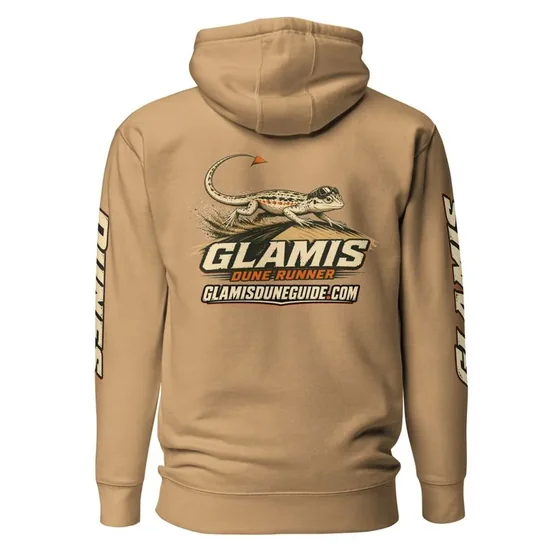 Tan hoodie with the Glamis Dune Runner lizard back print