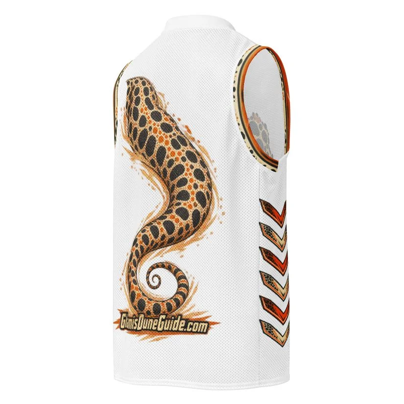 Back view of the Dune Runner jersey with Fringe's curling spotted tail and GlamisDuneGuide.com