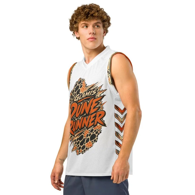 Front view of the white Dune Runner jersey with the Glamis spot graphic and chevron side print