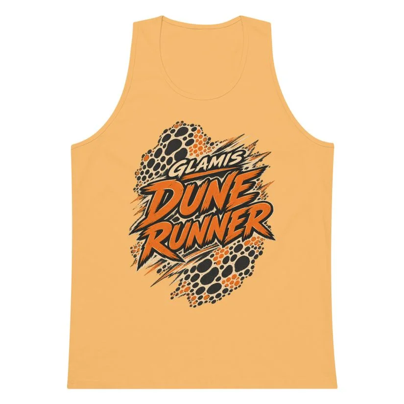 Sand-colored tank top with the Glamis Dune Runner lettering over Fringe's spotted pattern