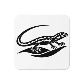 White cork-backed coaster with the black Fringe lizard mark