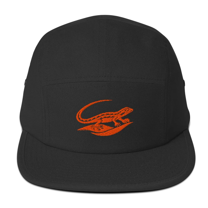 Black five-panel cap embroidered with an orange fringe-toed lizard