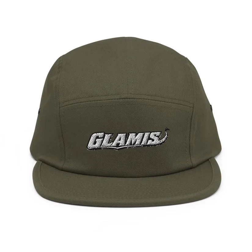 Olive five-panel cap embroidered with the Glamis wordmark