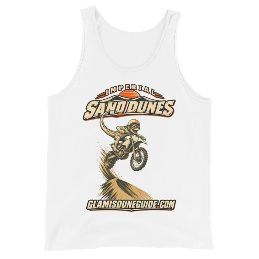 White tank top with Imperial Sand Dunes artwork featuring Fringe jumping a dirt bike