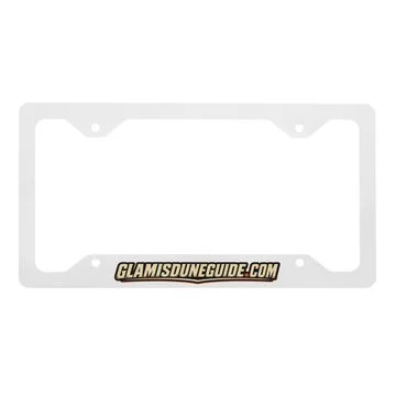 Metal license plate frame with GlamisDuneGuide.com on the bottom edge