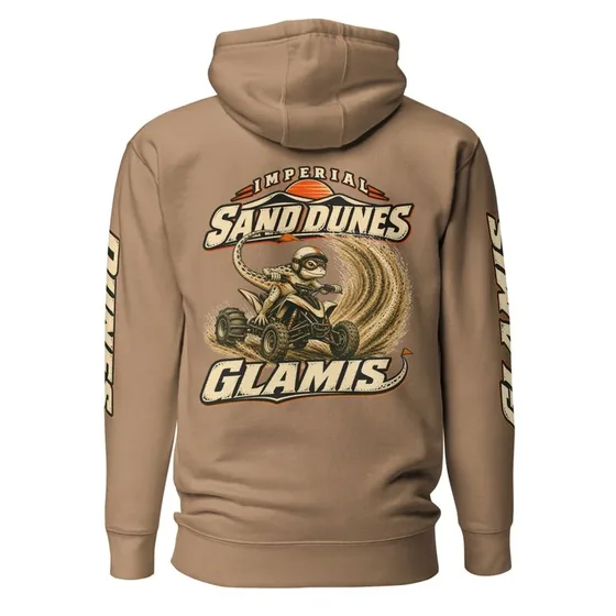 Sand coloured hoodie with the Glamis quad back print