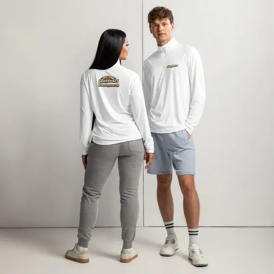 Two people wearing the white lightweight quarter-zip, front and back views