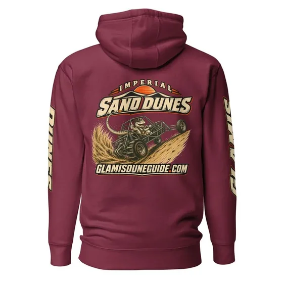 Maroon hoodie with the Glamis sandrail back print and sleeve lettering