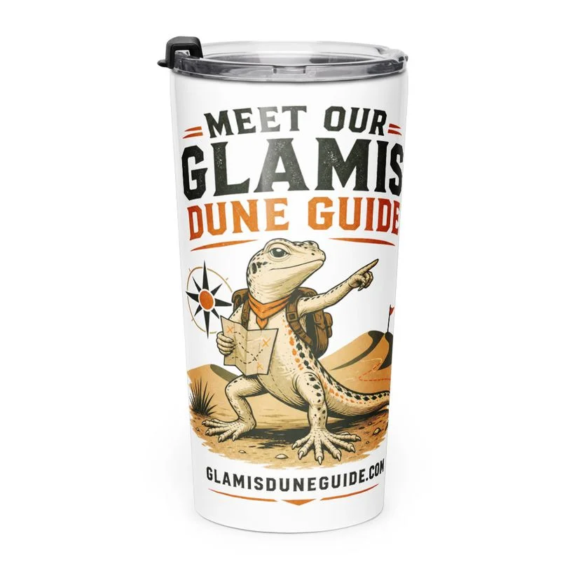 White tapered tumbler with the Meet Our Glamis Dune Guide illustration