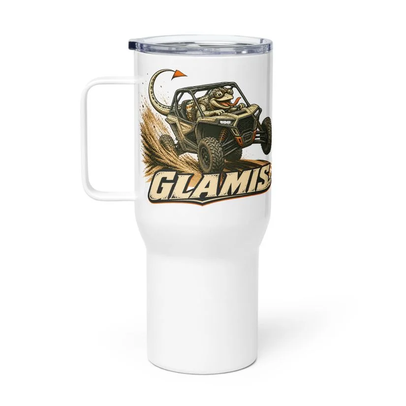 White handled travel mug with Fringe driving a UTV above the Glamis wordmark