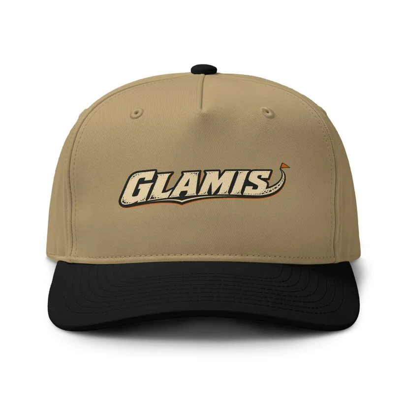 Tan and black two-tone cap with the Glamis wordmark