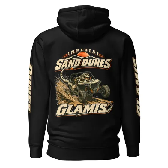 Black hoodie with the Imperial Sand Dunes and Glamis back print of Fringe in a UTV