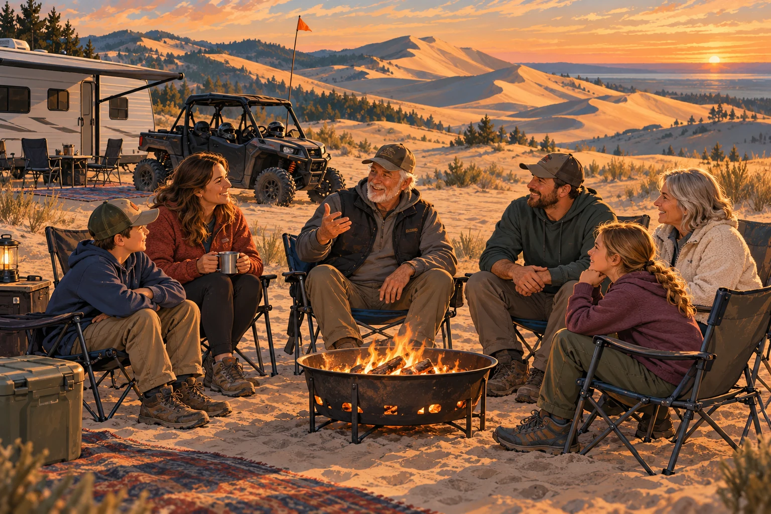 Family and friends trading stories around a campfire beside their dune camp